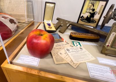 A replica of a Guinness Book record apple sits in a glass case among other artifacts
