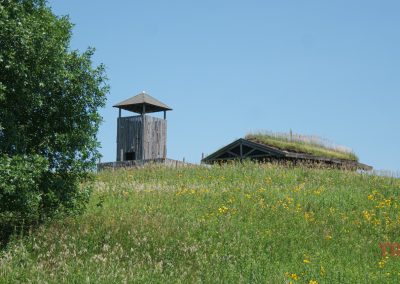 A rustic wooden tower and a grass-roofed hut on a grassy hill