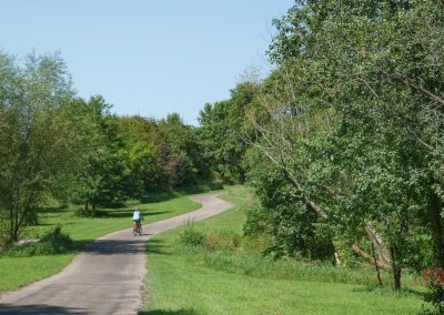 A woman rides her bike on a trail on a sunny day