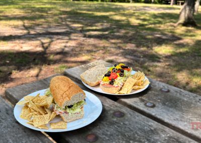 Two plates on a wooden picnic table display sandwiches and tortilla chips. One plate has a sub sandwich and chips, while the other has a sandwich topped with olives and tomatoes alongside chips. The background features a grassy park with trees.
