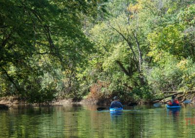 Two people kayaking on a calm river surrounded by dense green foliage. Sunlight filters through the trees, creating dappled patterns on the water. The scene conveys a peaceful, natural setting.