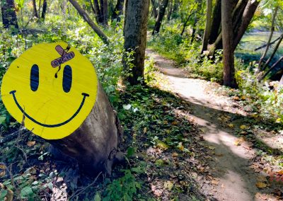 A yellow smiley face painted on a tree stump with a small bandage detail on its forehead stands beside a dirt path in a lush, green forest. Sunlight filters through the trees, casting dappled shadows on the path.