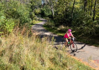 A person in a bright pink outfit and helmet rides a bicycle on a winding, sunlit path through a lush green forest. Tall grass and trees line the trail, casting dappled shadows on the pavement. The clear sky is partially visible.