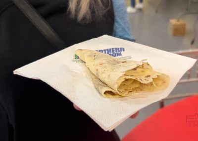 A closeup of folded lefse on a napkin