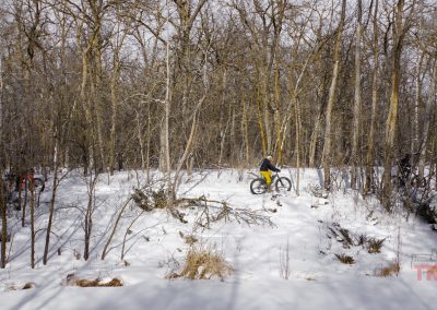 A man rides his fatbike on a snowy trail on the edge of a forest