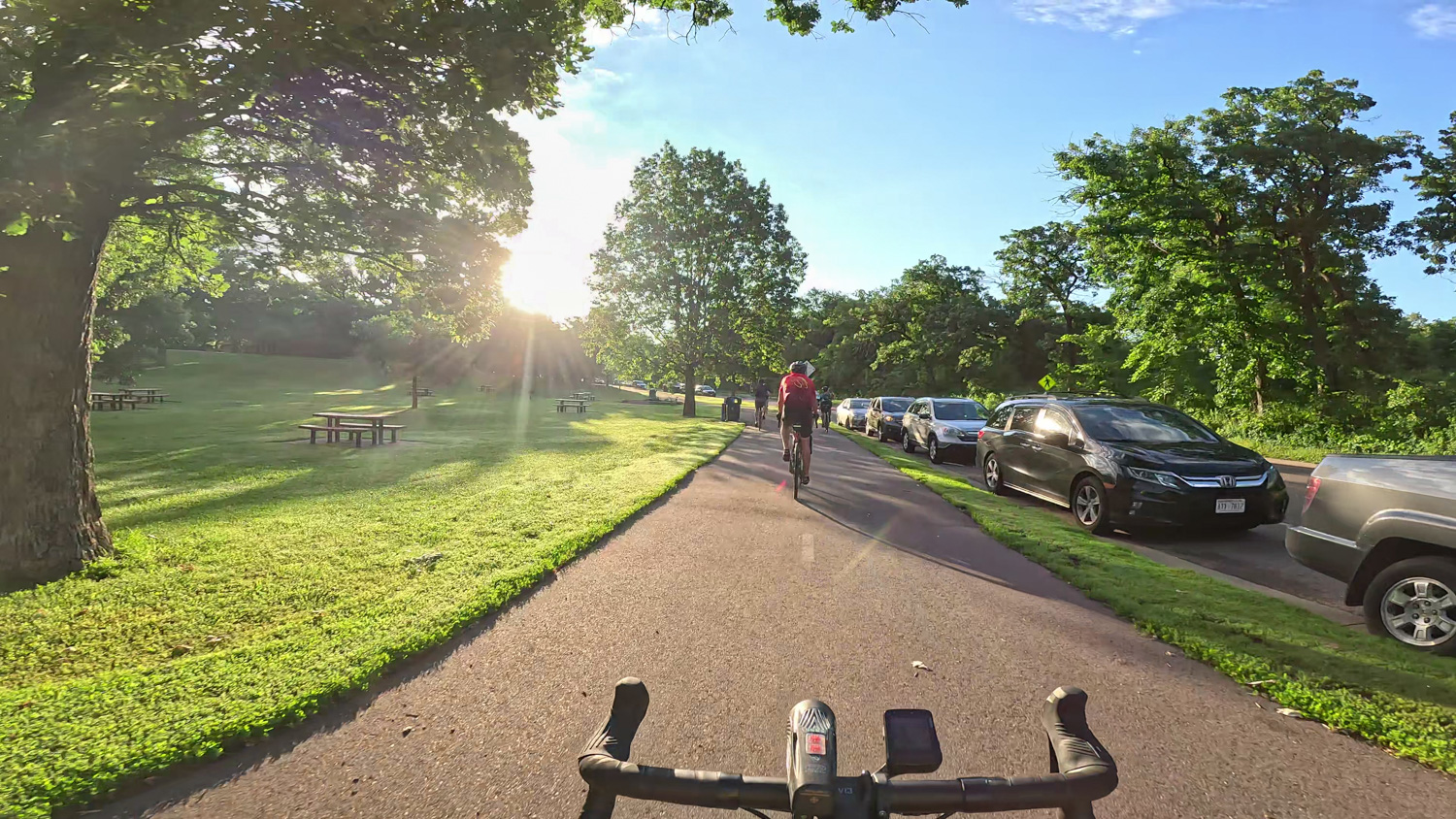 Bike to Duluth-Como Park A cyclist rides along a tree-lined path on a sunny day. The sun peeks through the trees, casting long shadows. Cars are parked on the right side of the path, and picnic tables are visible on the grassy area. Handlebars are in the foreground.