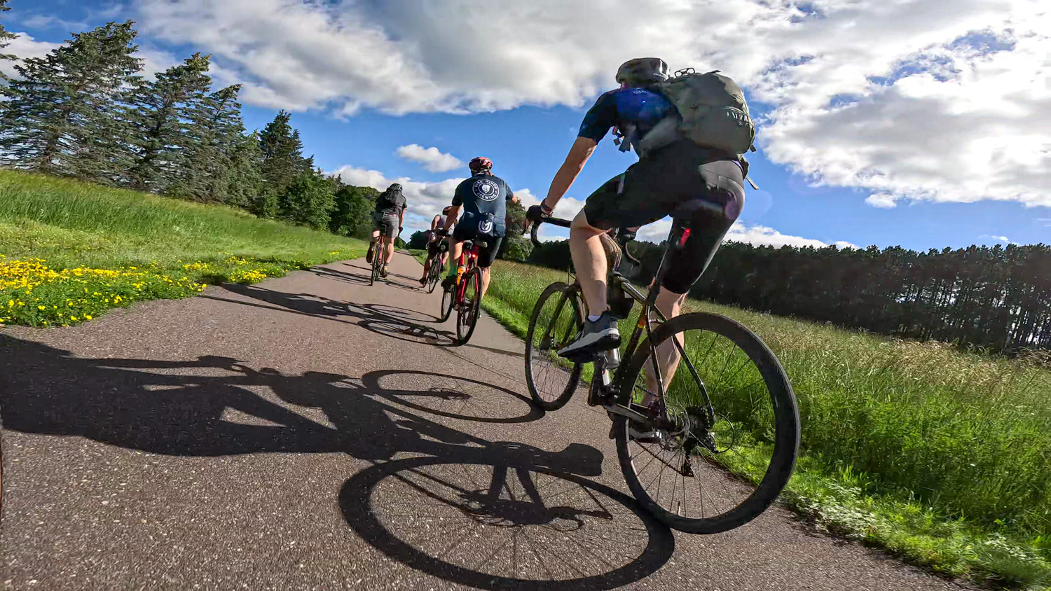 Bike to Duluth-Munger Trail Cyclists ride on the Willard Munger Trail surrounded by lush greenery and bright yellow flowers. A clear blue sky with scattered clouds is overhead. Tall trees line the path, casting shadows on the ground as the cyclists ride.
