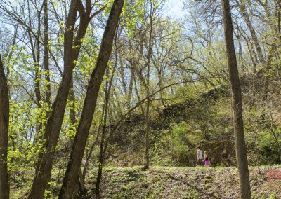 Two people walk along a trail in a sunlit forest with tall trees and fresh green leaves in Ramsey Park/Cansayapi, Redwood Falls,Minnesota. The hillside rises steeply behind them, and the sky is clear and blue.