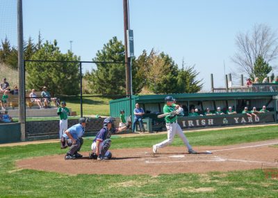 A baseball batter in a green uniform swings at a pitch as the catcher and umpire watch closely. Spectators sit in the stands and dugout on a sunny day at The Irish Yard baseball stadium in Milroy, MN.