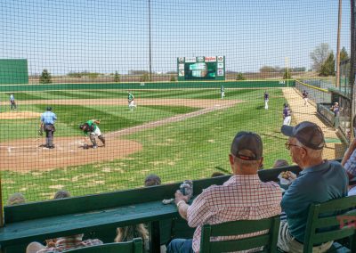 Spectators seated behind home plate at The Irish Yard baseball stadium in Milroy, MN watch a game in progress on a sunny day. Players are on the field, one at bat, seen through a safety net with the scoreboard visible in the background.