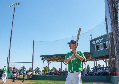 A baseball player in a green jersey and helmet stands ready to bat at The Irish Yard baseball stadium in Milroy, MN. Spectators watch from the stands beside a sign reading MILROY IRISH under a clear, sunny sky.
