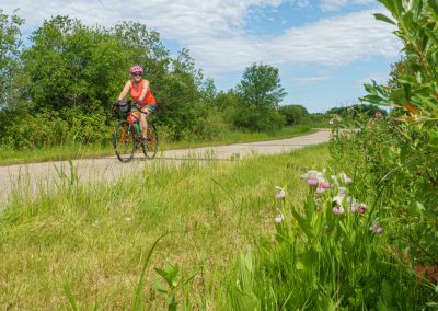 A person wearing a pink helmet and orange shirt rides a bicycle on a paved trail surrounded by green grass, trees, and wildflowers under a partly cloudy sky.