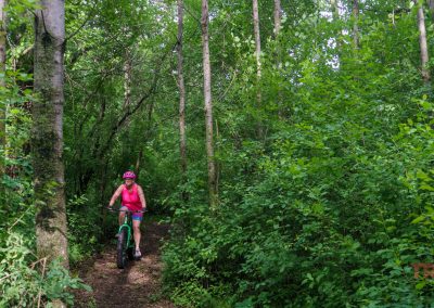 A person wearing a pink shirt and helmet rides a bicycle on a narrow dirt trail through a lush, green forest with dense foliage and tall trees.