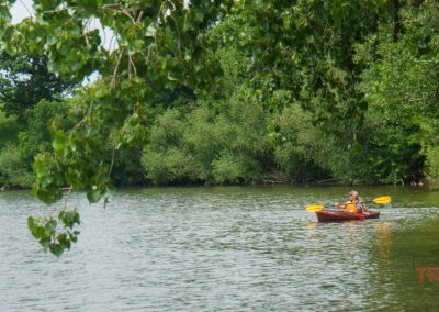 A person in an orange kayak paddles on a calm, tree-lined river under leafy green branches.