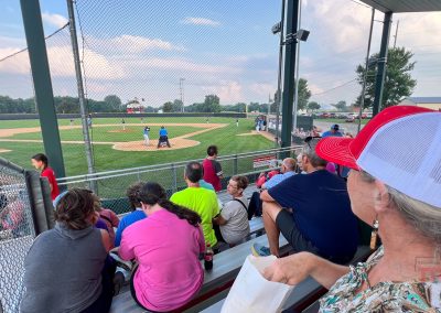 Spectators sit on bleachers watching a youth baseball game on a sunny day. Players are on the field, and an umpire stands behind the batter. A woman in a white and red cap holds a snack bag in the foreground.