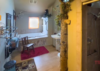 Rustic bathroom with a corner bathtub, wooden chair, shower stall, towel rack, and tree-like decor. Natural light comes from a window above the tub. The room has antler wall decor and a cozy, cabin-style feel.