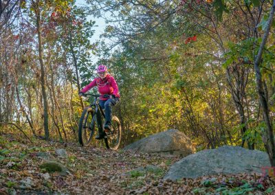 A person wearing a pink helmet and jacket rides a mountain bike along a leaf-covered Mountain Bike Trail with rocks and autumn foliage in Camden State Park.