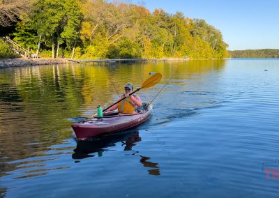 A person in a red kayak paddles on a calm lake near a forested shoreline with green and yellow trees under a clear blue sky.