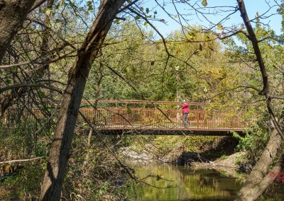 A person in a red shirt stands on a wooden footbridge in Garvin Park, surrounded by dense trees and overlooking a calm stream below on a sunny day.