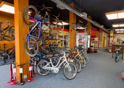 A well-lit Marshall MN bike shop interior with various bicycles on display—some hanging on walls, others lined up on the floor. The Bike Shop also features accessories and repair tools visible on shelves and counters.