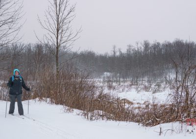 A person in winter clothing stands on a snowy path with ski poles at Rainbow Resort in Waubun, MN, surrounded by leafless trees and shrubs in a snowy landscape under an overcast sky.