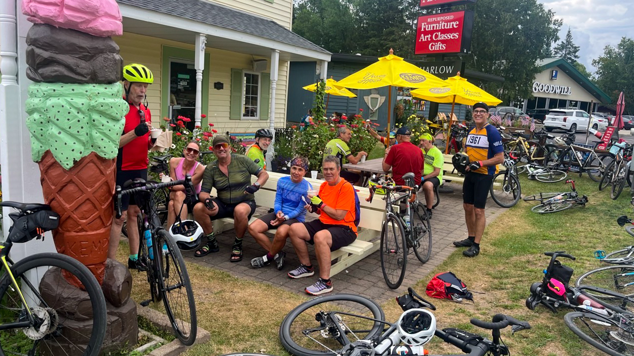 2025 BAM Bike Tour-Ice Cream Stop Tree branches bend with heavy snow