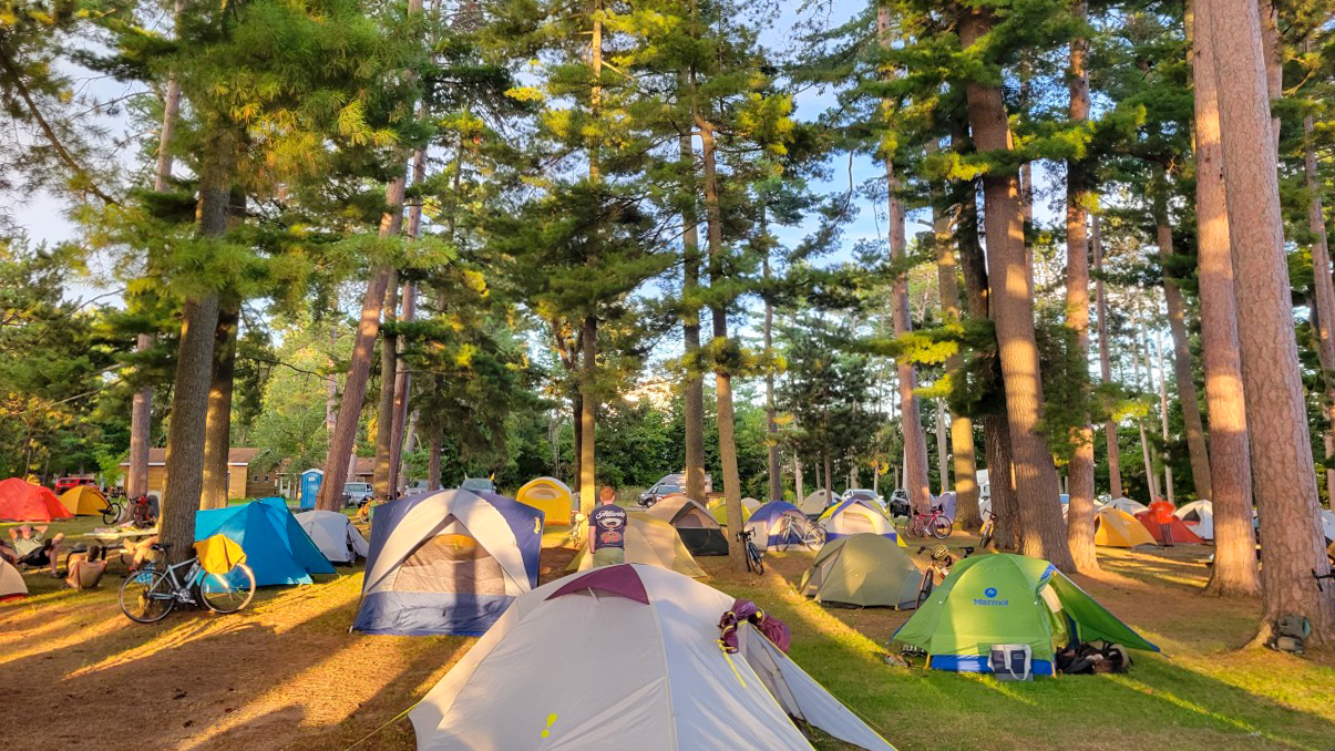2025 BAM Bike Tour-Tent City Tree branches bend with heavy snow