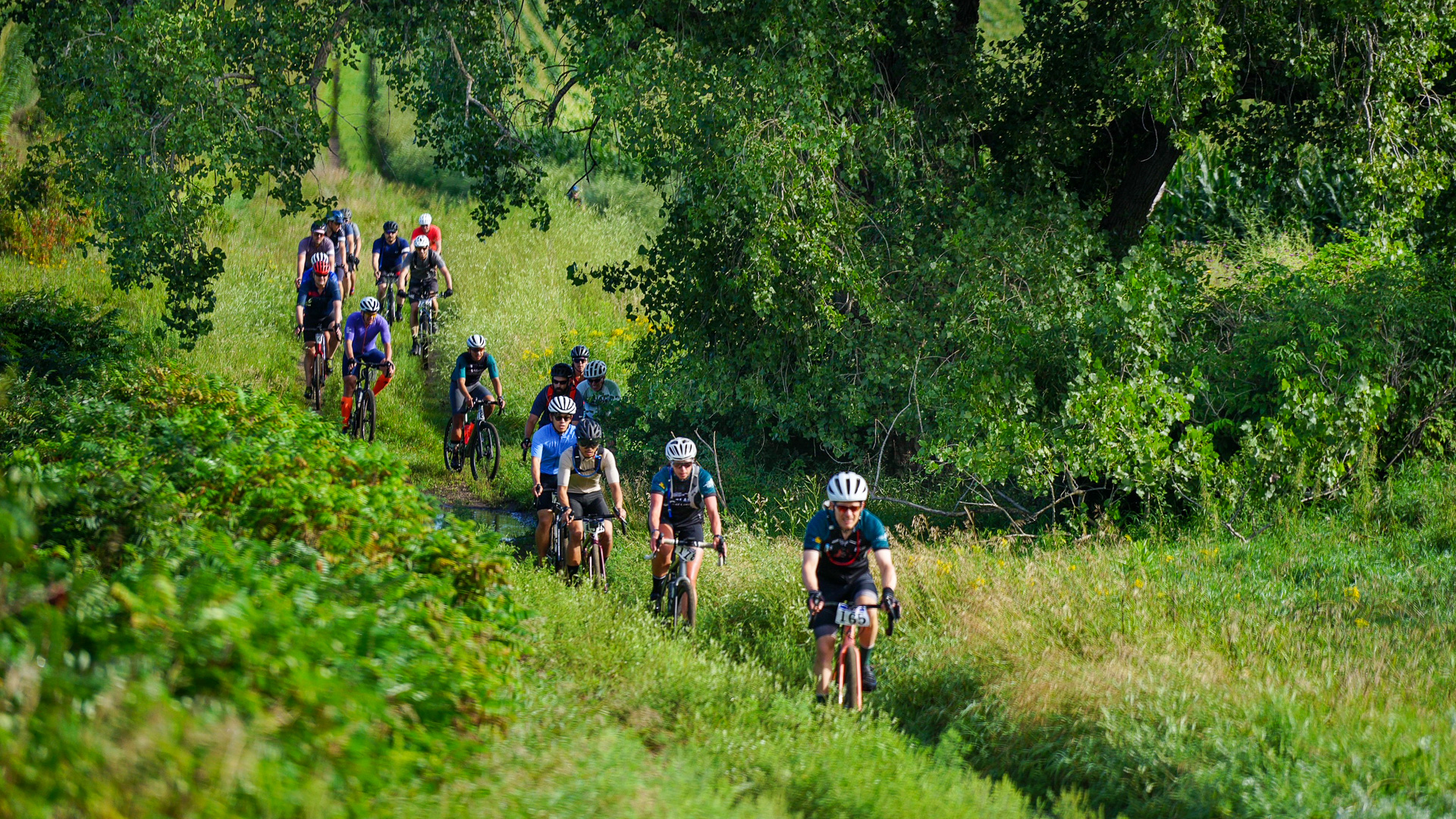 The Hollo Gravel Classic-Peder Arneson A group of cyclists ride mountain bikes along a narrow, grassy trail surrounded by lush green trees and vegetation on a sunny day during The Hollo Gravel Classic.