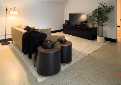 A modern living room with a beige sofa, black throw blanket, two round black side tables, a floor lamp, TV on a black console, potted plant, and a patterned rug on tiled flooring—reflecting the stylish comfort of Sac and Fox Flats.
