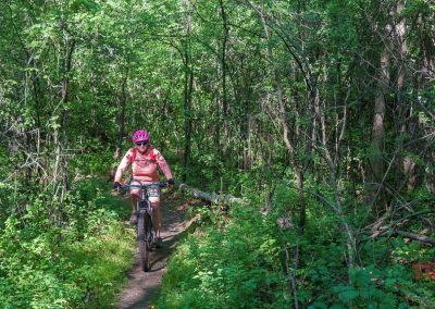 A person wearing a pink helmet and cycling gear rides a mountain bike along the narrow Jail Trail in Saint Cloud MN, winding through a lush, green forest as sunlight filters through the dense foliage.