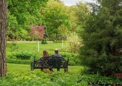 A couple sits on a decorative metal bench in Munsinger Gardens in Saint Cloud MN, surrounded by trees, bushes, and blooming flowers, enjoying a peaceful, scenic view.