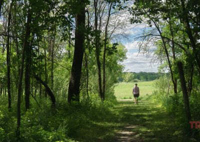 A person walks down a green, wooded trail toward an open field under a partly cloudy sky in Myre Big Island State Park. Sunlight filters through the trees. The word TRAILS is visible in red in the bottom right corner.