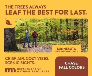 Two people stand on a leaf-covered path in a forest with fall foliage. Text promotes Minnesota state parks, fall colors, and the Department of Natural Resources.